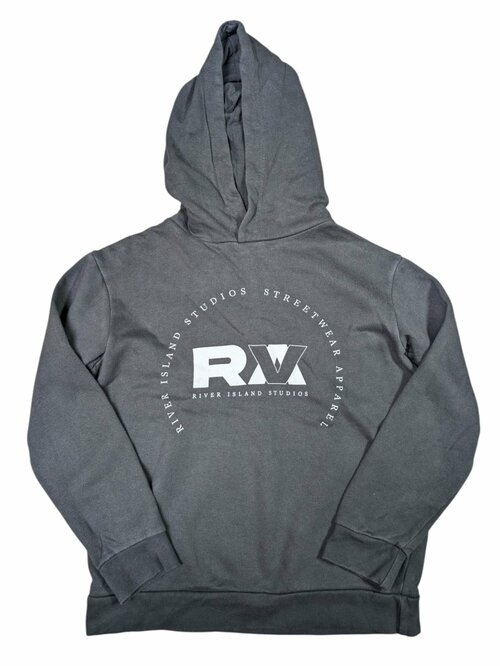 Tmavě šedá mikina s kapucí a nápisem pro kluky secondhand River island